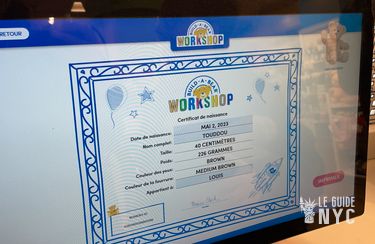 Certificat de naissance Ours en peluche Build-A-Bear. New York