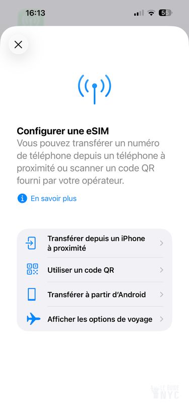 Le menu pour installer une eSIM sur iPhone